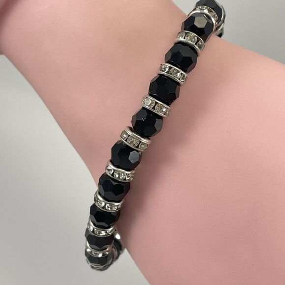 Black Glass Beaded Rhinestone Spacer Stretch Bracelet Boho Fashion Statement - Picture 2 of 6